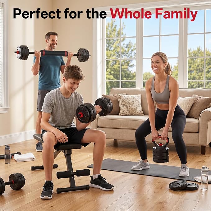 PASYOU Adjustable Dumbbell Set, 45lbs Free Weight Set with Connector, 5 in 1 Weight Set Used as Kettlebells, Barbell, Push up Stand, Fitness Exercises for Home Gym Suitable Men/Women