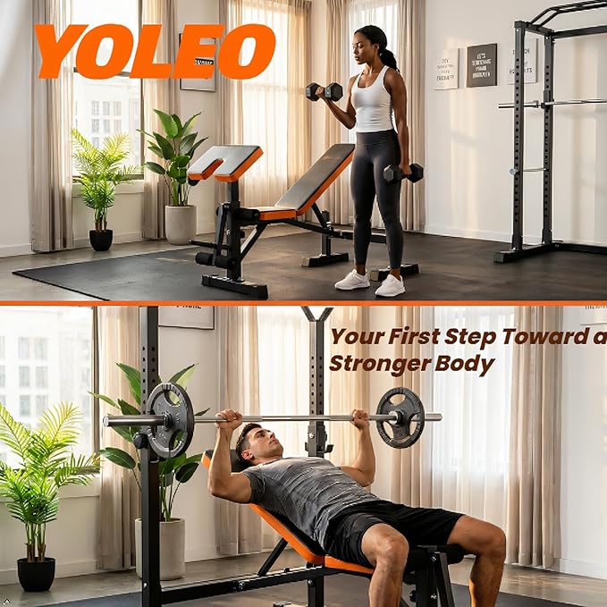 YOLEO Beginner Weight Bench Set for Home Gym, 6-in-1 Adjustable Workout Bench with Squat Rack, Foldable Full Body Fitness Equipment for Bench Press, Sit-Up & Strength Training