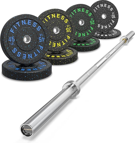 HANDBODE Olympic Barbell Set, 2-Inch Bumper Plates with Weight Plate Rack | Colored Crumb Rubber Weight Plates for Weight Lifting & Strength Training, 90–530 lb Set with 45 LB (20 kg) Olympic Barbell