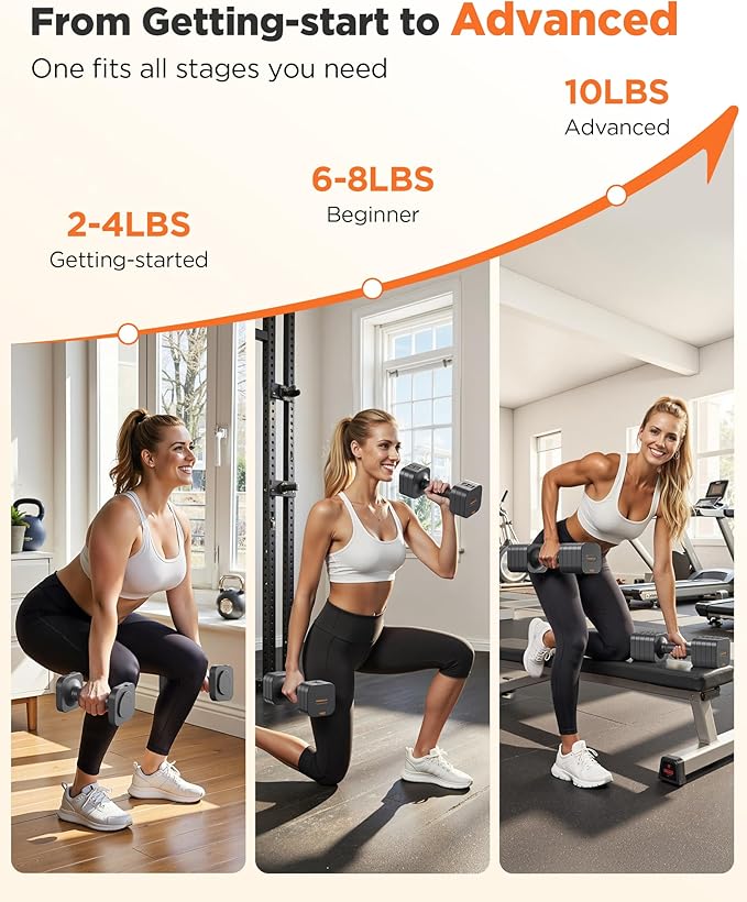 FEIERDUN DB3 5-in-1 Adjustable Dumbbell Set, 6LB/10LB Pair Adjustable Weights for Women at Home, Dual Locking Stable Hand Weights with TPU Soft Handle, Home Gym, Rehab, Pilates, Yoga, Strength Training