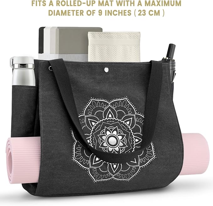 Gonex Yoga Mat Bag For Women Canvas Tote Pilates Gym Bag With Mat Carrier | Front-Opening Quick Access Mat Straps, Durable Cotton Canvas, Machine Washable, Bottle Holder Multi Pockets, Yoga Gym Travel