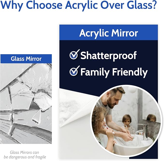 Duco USA-Made Acrylic Mirror Sheet 1/8 Inch Thick 12" x 16" (with Adhesives) - Pack of 8 Silver Frameless Plastic Mirror for Walls, Home Gyms, Bathrooms, & More - Shatter-Proof Mirrored Plexiglass