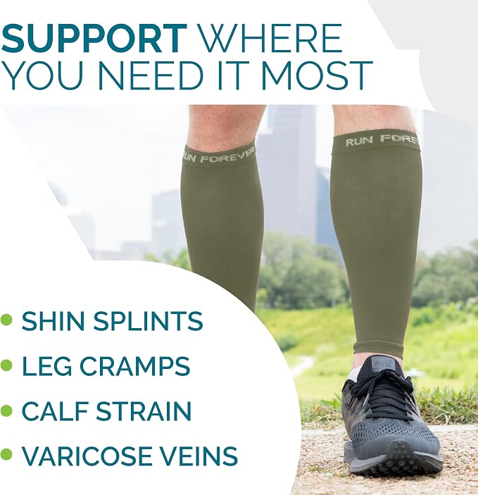 Run Forever Calf Compression Sleeve for Men & Women, 20-30mmHg Compression | Leg Sleeve for Shin Splints, Varicose Veins, Swelling & Pain Relief | Footless socks for Running, Cycling & Travel