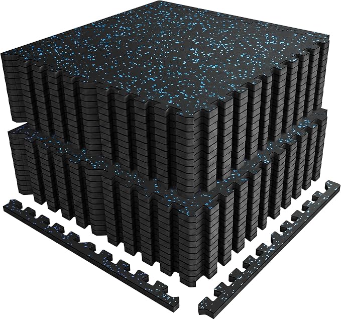 PRAISUN 0.56" Rubber Top Gym Flooring, Heavy Duty Interlocking Gym Mats for Home Gym, Non-Slip Workout Mat, 24 x 24in Large Gym Floor Mat, Protect Floors from Weights & Equipment, 96 Sq Ft, Black/Blue