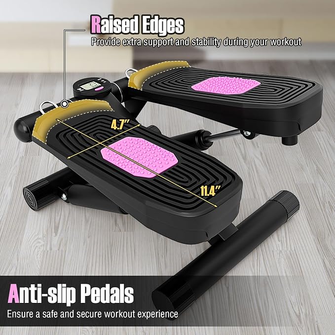 Goplus Steppers for Exercise at Home, Intensity Adjustable Hydraulic Mini Stepper w/Resistance Bands & LCD Monitor, Quiet & Portable Small Cardio Exercise Machine for Home Office or Under Desk