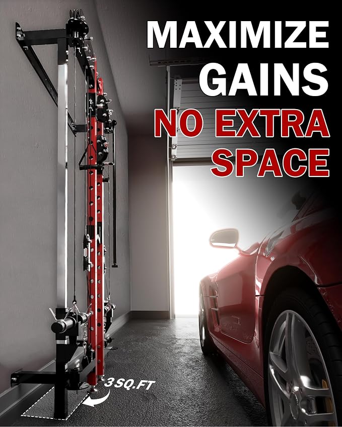 Mikolo Folding Squat Rack, Wall Mounted Power Rack with Cable Crossover Machine & LAT Pull Down, Functional Trainer with 5 Adjustable Function Modes, Home Gym Package