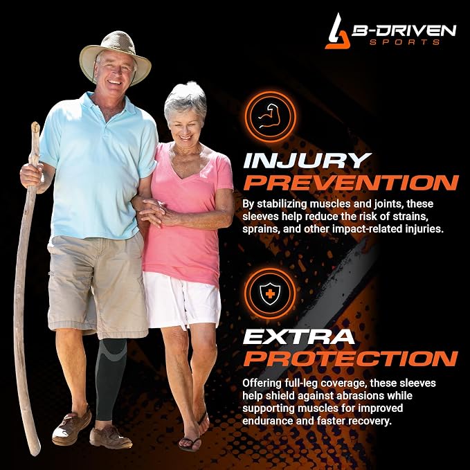 B-Driven Sports Full Leg Compression Sleeve For Men Women - Medical Grade 20-30mmHG - Running Recovery Swelling Thigh Support