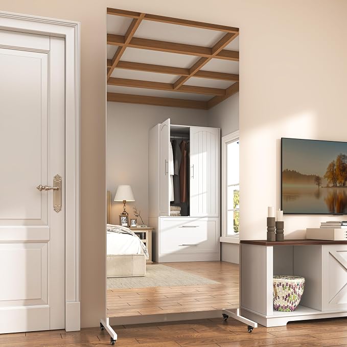 Hasipu 79" x 32" Full Length Floor Mirror on Wheels, White | Tempered glass, sturdy metal frame, smooth rolling casters, removable stand, ideal for gym, bedroom, dance studio & yoga.