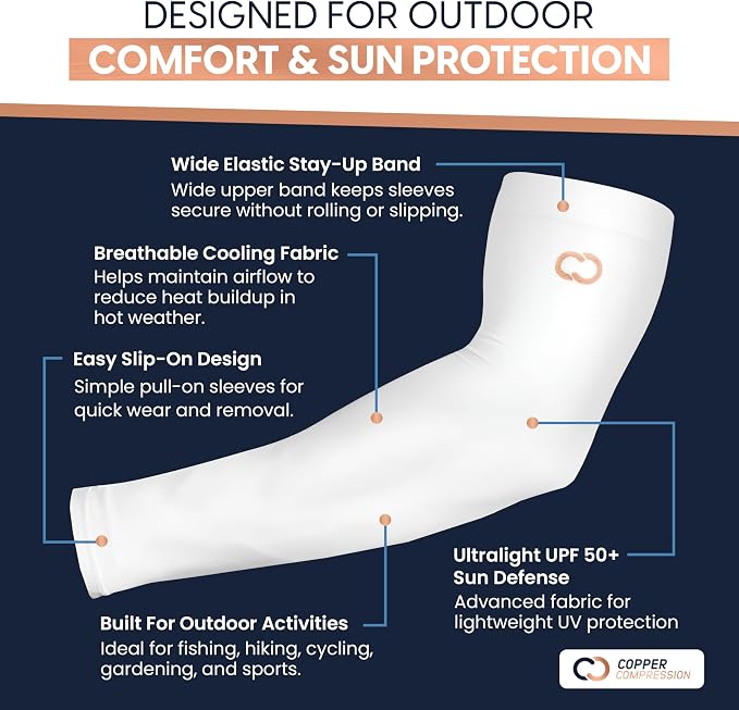 Copper Compression Full Arm Sun Sleeves for Men and Women UPF 50+ UV Protection