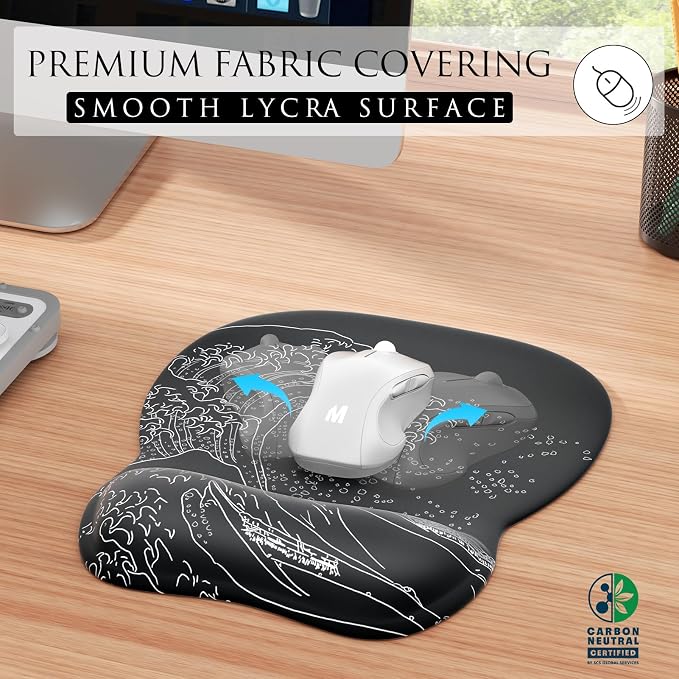 MROCO Ergonomic Mouse Pad with Gel Wrist Rest, 9.4 x 8.1 in, Kanagawa Wave | Ergonomic Shape Design, Multiple Pattern Options, Gel Wrist Comfort, Smooth Lycra Surface, Non-Slip PU Base