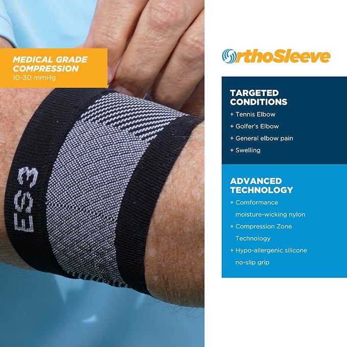 OrthoSleeve ES3 Elbow Brace for Tendonitis and Tennis and Golfer's Elbow, and General Pain and Forearm Pain Relief - Lightweight & Breathable