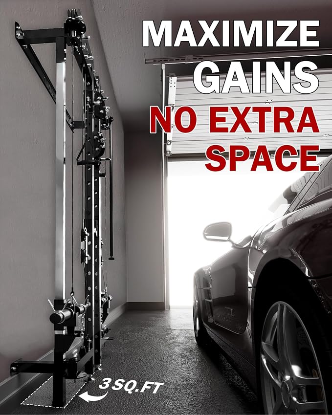 Mikolo Folding Squat Rack, Wall Mounted Power Rack with Cable Crossover Machine & LAT Pull Down, Functional Trainer with 5 Adjustable Function Modes, Home Gym Package
