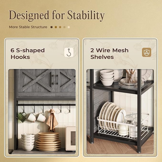 Huuger Large Bakers Rack with Power Outlet, Kitchen Microwave Stand with Cabinets, Coffee Bar Table Station with Storage, 6 S-Shaped Hooks, Mesh Shelves, 45 Inch Wooden Top, Grey