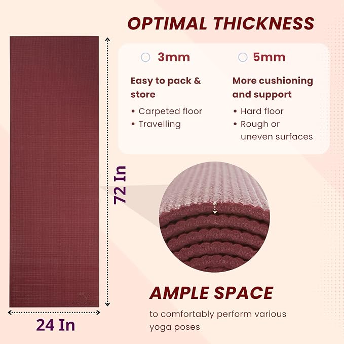 Everyday Yoga Deluxe Mat, Spacious 72"x24" Non-Slip Yoga Mat for Comfortable Home Workouts, 3-5mm Extra Thick