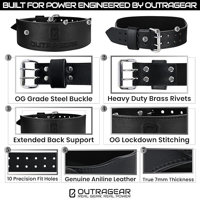 Real Leather Weight Lifting Belt - 7mm Gym Belt for Strength Training - Adjustable Buckle Weight Lifting Belts for Men & Women with Core Back Support