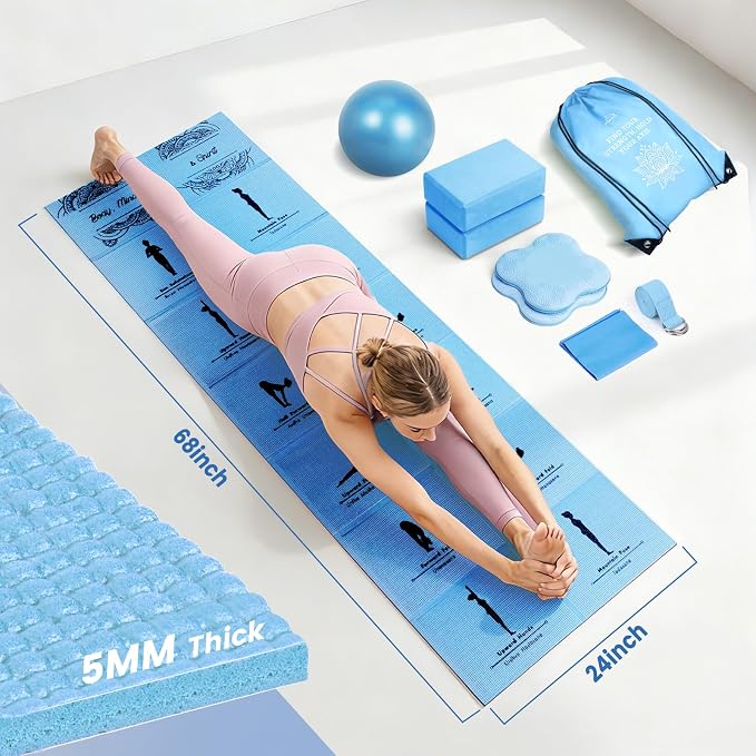 Foldable Yoga Mat and Blocks Set for Women with 2 Pack Yoga Blocks and Strap,Thin Non Slip Pilates Mat with Bag, Home Workout Equipment Essentials Starter Kit for Beginners Full Body Toning