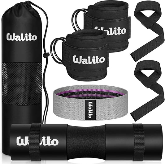 WALITO 8Pcs Barbell Pad Set for Hip Thrust - Squat Pad,Gym Accessories for Women with Bar Bad,Bench Press, with Gym Ankle Straps,Resistance Bands for Working Out,Lifting Strap,Carry Bag