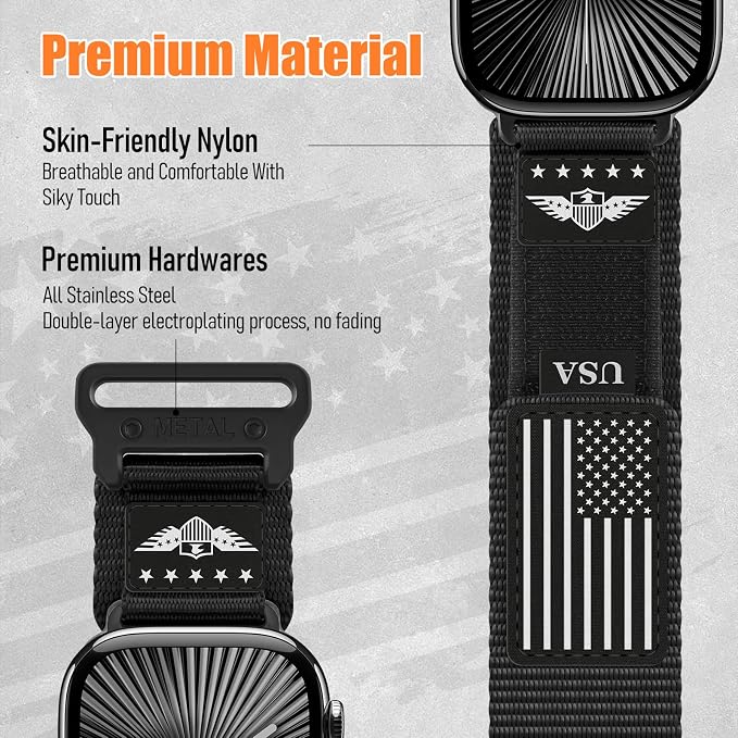 Rugged Nylon for Apple Watch Ultra 2/ Ultra 3 Band Series 11/10/9/8/7/6/5/4/3/SE iWatch Bands Men,Soft Woven Stars-Stripes Flag Wristbands Strap for Apple Watch Ultra 3/2/1 49mm 46mm 45mm 44mm 42mm