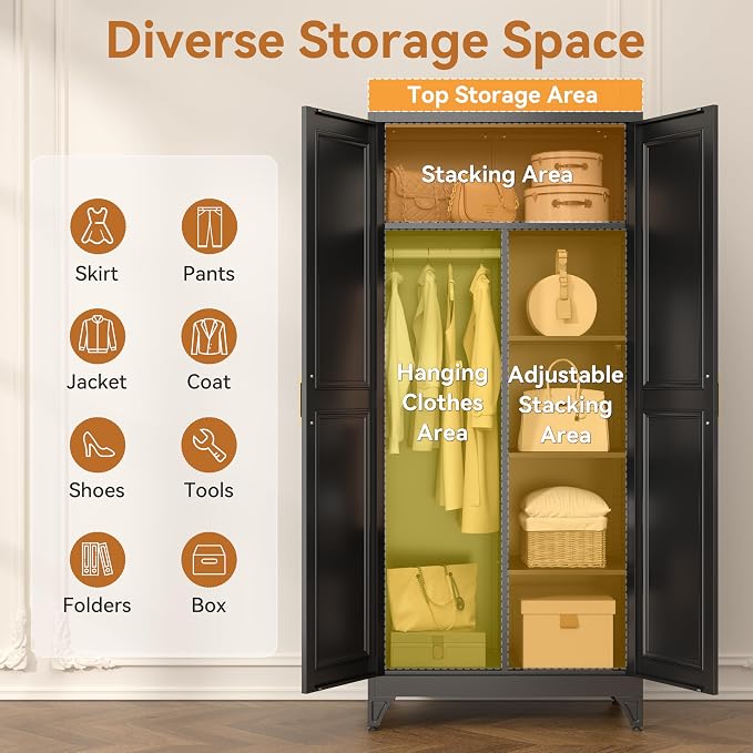Polup Metal Armoire Wardrobe Closet, 71" Tall Wardrobe Cabinet with 2 Doors | Heavy Duty Steel Clothing Storage Cabinet with Hanging Rod & 3 Adjustable Shelves for Bedroom, Office, Broom Closet, Black