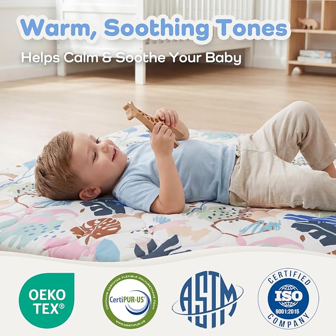 1.6" Thick Baby Play Mat, 71x59 Removable & Machine Washable Cover | Padded Memory Foam, Non-Slip Backing, 100% Baby-Safe Materials, Tummy Time Crawling, Outdoor, Bedroom, Living Room, Nursery