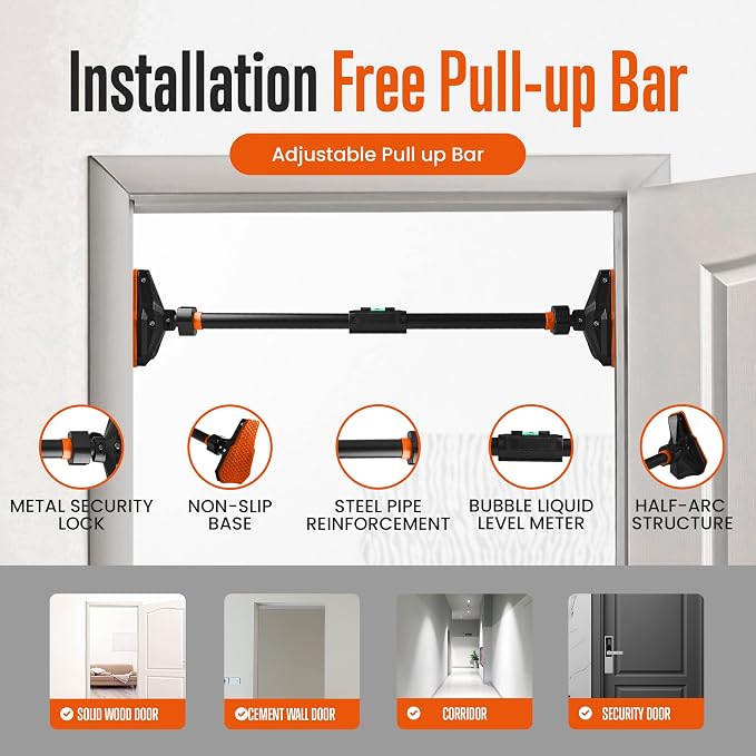 Adjustable Pull-Up & Chin-Up Bar - Door Frame Pullup & Doorway No-Screw, No-Damage Hanging Bar for Home Strength Training Exercise Equipment for Men and Women