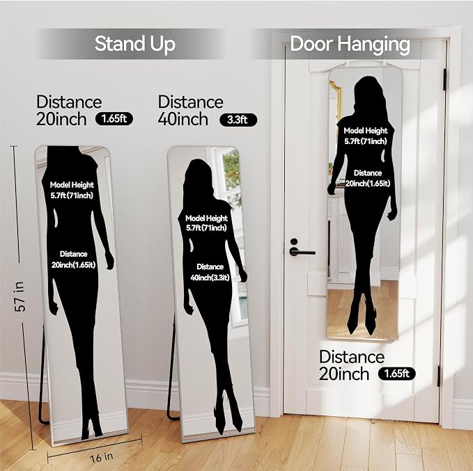 SCWF-GZ 57x16 Full Length Mirror Over The Door Hanging, Floor Stand/Wall Mounted Aluminum Alloy Frame Dressing Mirror for Bedroom Living Room 57 inch Silver
