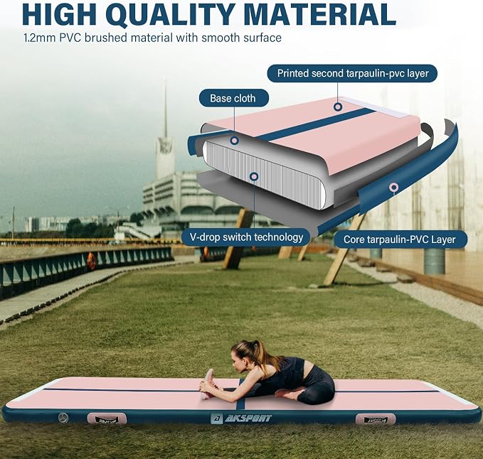 AKSPORT Gymnastics Air Mat Tumble Track Tumbling Mat Inflatable Floor Mats with Air Pump for Home Use/Tumble/Gym/Training/Cheerleading/Parkour/Beach/Park/Water