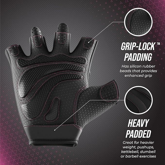 Contraband Pink Label 5437 Womens Extreme Grip Weight Lifting Gloves w/Heavy Rubber Padded Palm (Pair) - Heavy Duty Palm w/Griplock Silicone & Rubber Grip Pads for Gym Workouts