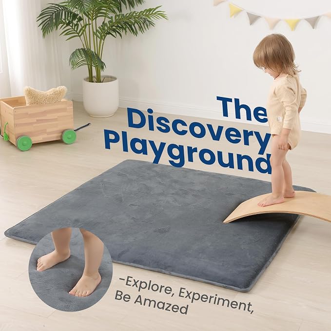 Huloo Sleep Baby Play Mat for Floor,1.3" Thick Memory Foam Tummy Time Mat,Soft Coral Velvet Nursery Rug,Extra Large Non Slip Crawling Mats for Living Room(Dark Grey)