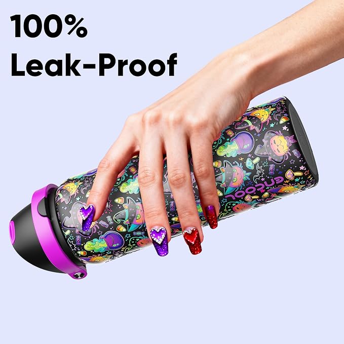 Insulated Water Bottle with Straw - Encool Stainless Steel Water Bottle with Push Button Lid, Leak-Proof & BPA-Free, Keeps Cold for 24 Hours for Sports, Travel, Gym (32 oz, Meowgic Night)