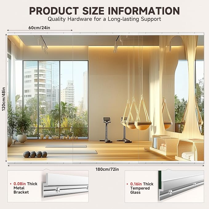 48"x24" 3 Pack Home Gym Mirror Set, Full Body Wall Mounted Fitness Mirrors, 4MM Tempered Glass for Yoga, Dance, Studio with Complete Installation Kit