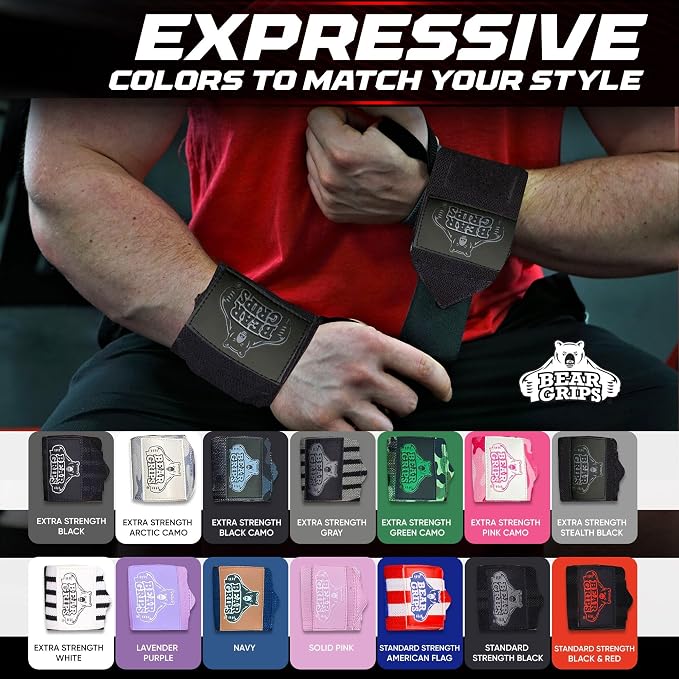 Bear Grips Wrist Wraps for Weightlifting | Weight Lifting Wrist Straps for Weightlifting | Extra Strength Gym Wrist Wraps | Two Wrist Wrap Per Pack | 12” & 18” | Lifting Wrist Wraps for Men & Women