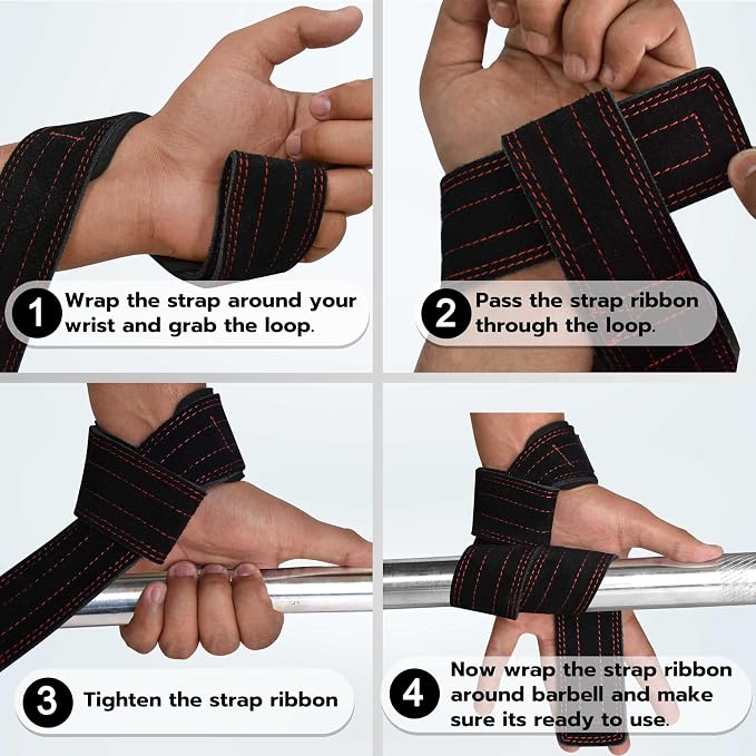 AQF Leather Weight Lifting Straps, Heavy Duty Wrist Strap for Powerlifting | Premium Suede Leather, Handcrafted Construction, Reinforced Dual Stitching, 3 mm thick & 66cm long, Sold as a Pair