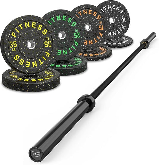 HANDBODE Olympic Barbell Set, 2-Inch Bumper Plates with Weight Plate Rack | Colored Crumb Rubber Weight Plates for Weight Lifting & Strength Training, 90–530 lb Set with 45 LB (20 kg) Olympic Barbell