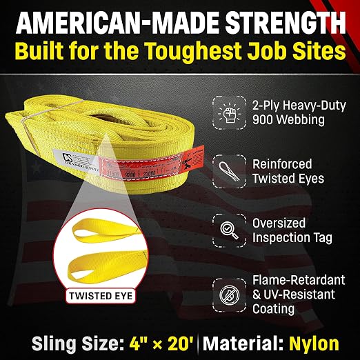 DD Sling 4" x 20' Nylon Lifting Sling – USA Made, 11,500 lb Vertical, 9,200 lb Choker, 23,000 lb Basket – 2-Ply Heavy Duty 900 Webbing, Type 4 Twisted Eye & Eye Rigging Sling, Safety Orange