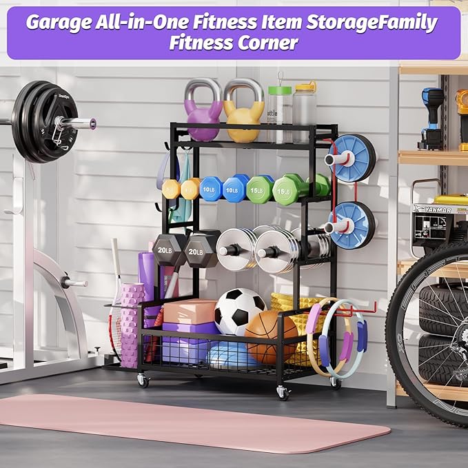 Dumbbell Rack for Home Gym, 490 lbs Weight Storage Rack with Wheels & Hooks | Heavy-Duty 490 lbs Weight Capacity,Easy Mobility with Locking Wheels,All-in-One Fitness Equipment Storage