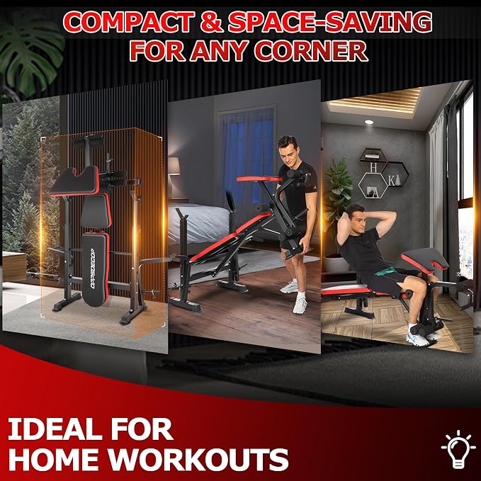 OPPSDECOR Weight Bench Set with Squat Rack, 900LBS Adjustable for Home Gym | Leg Extension & Curl, Preacher Curl Pad, ASTM-Certified 900LBS, Bench Press Rack, Full Body Workout, 2-Second Fold, US Stock
