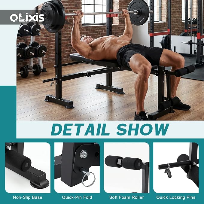 OLIXIS Adjustable Weight Bench Set with Rack, 650 LBS Foldable Bench Press | Heavy-Duty Easy Assembly Strength Training Workout Set with Leg Extension Curl, for Garage, Home, Gym