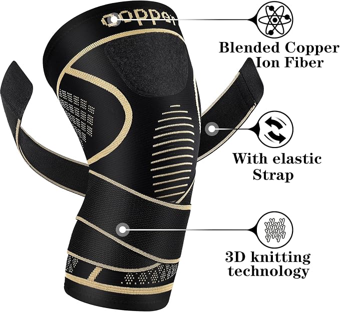 Copper Knee Braces with Strap for Knee Pain Women and Men(2 Pack), Knee Compression Sleeve for Arthritis, ACL, Meniscus Tear, Joint Pain Relief, Knee Support for Working, Running, Weightlifting(S)