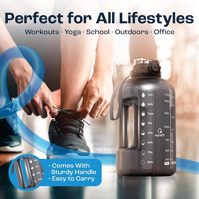 AQUAFIT 64 oz Water Bottle with Time Marker, 2in1 Lid | BPA Free Half Gallon Water Bottle with 2in1 Straw and Chug Lid - Leakproof Gym Water Bottle with Carry Handle (Frosty)