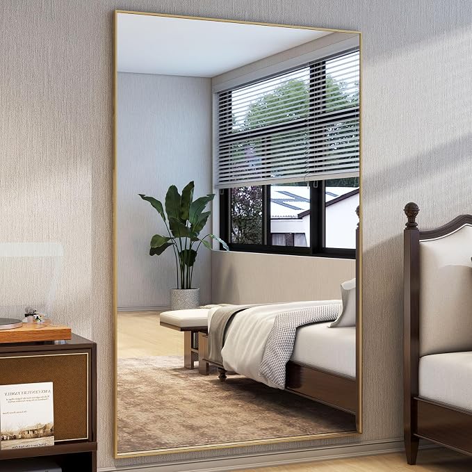 Easly 40"X86" Full Length Mirror with Stand, Gold Large Floor Mirror | Rectangular Full Body Mirror for Bedroom, Living Room or Closet, Wall-Mounted or Freestanding, Aluminum Alloy Frame