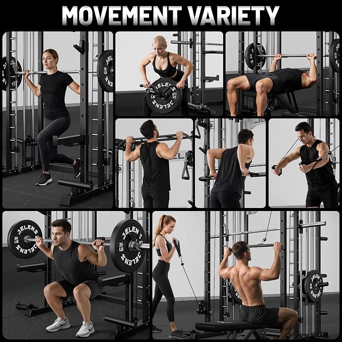 JELENS Smith Machine for Home Gym, Multi-Function M12 Power Cage with Cable Crossover System, Squat Rack with Smith Bar and More Attachment