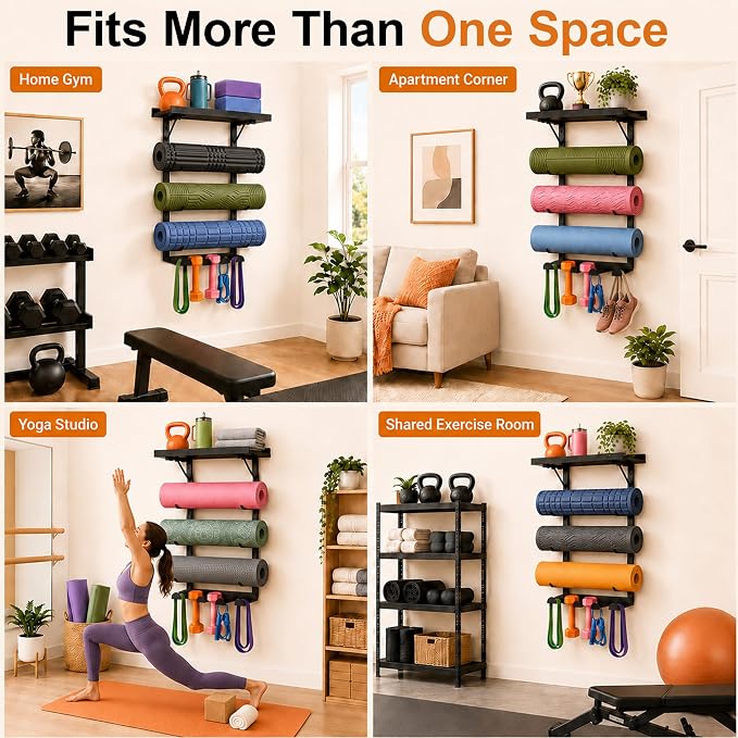 Yoga Mat Holder, Home Gym Storage Rack with Shelf, 6 Hooks and 4 Slots | Durable metal frame holds yoga mats, foam rollers and blocks, creating organized storage for home gyms and workout rooms