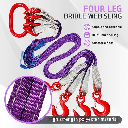 Four Leg Bridle Web Sling 5ft 6600lbs Lifting Slings with G80 Alloy Steel Grab Hooks and Adjuster Polyester Webbing Purple Rigging Straps for Safe Towing and Handling of Cargo