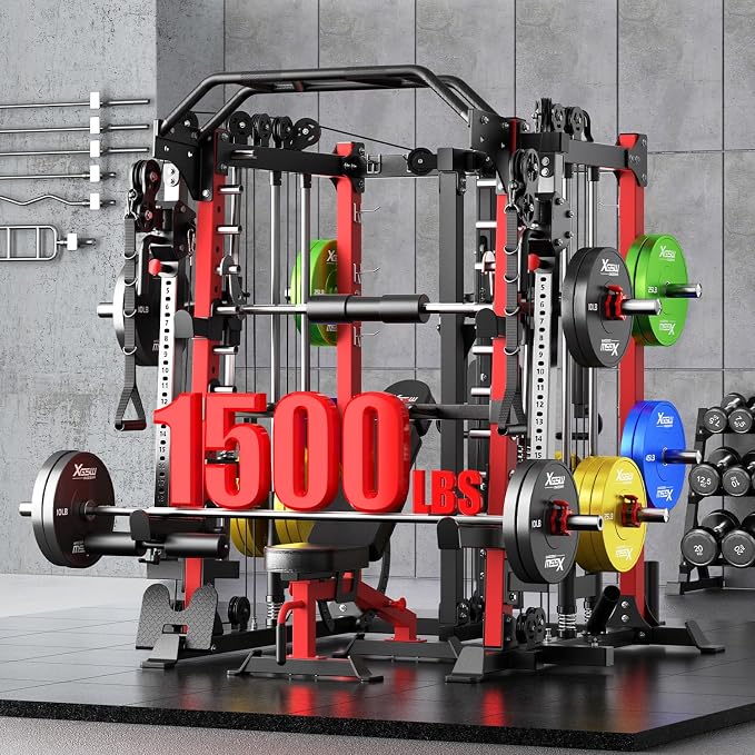Smith Machine，Multi-Function Squat Rack Power Cage with Cable Crossover System,with Optional Weight Bench, Olympic Barbell Weight Set, for Home Gym