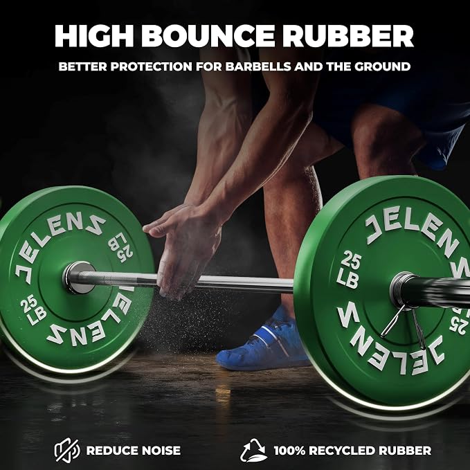 JELENS Olympic Barbell Weight Plates Set, 2-Inch Black/Colored Rubber Bumper Plate Weight Set for Strength Training and Weightlifting, Multiple Options