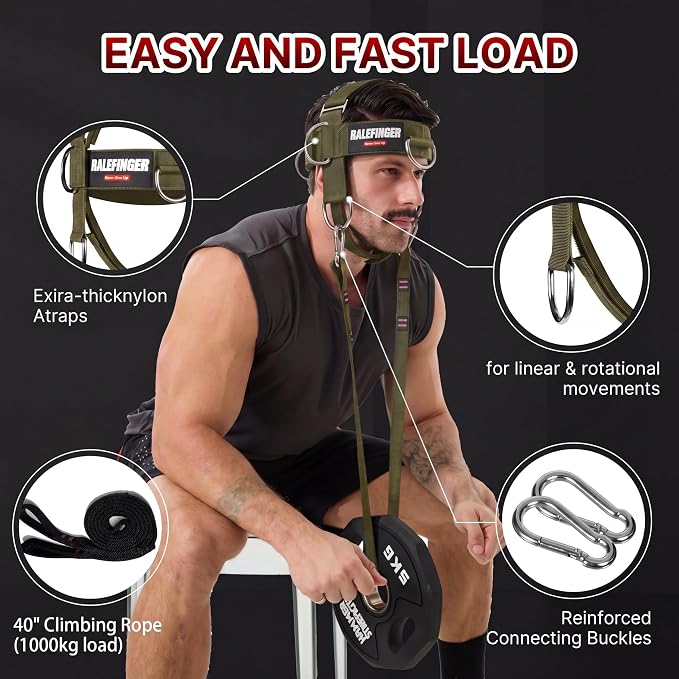 Neck Harness Trainer-Adjustable Neoprene Padded Neck Exerciser with 100cm Heavy Duty Rope & Carabiners