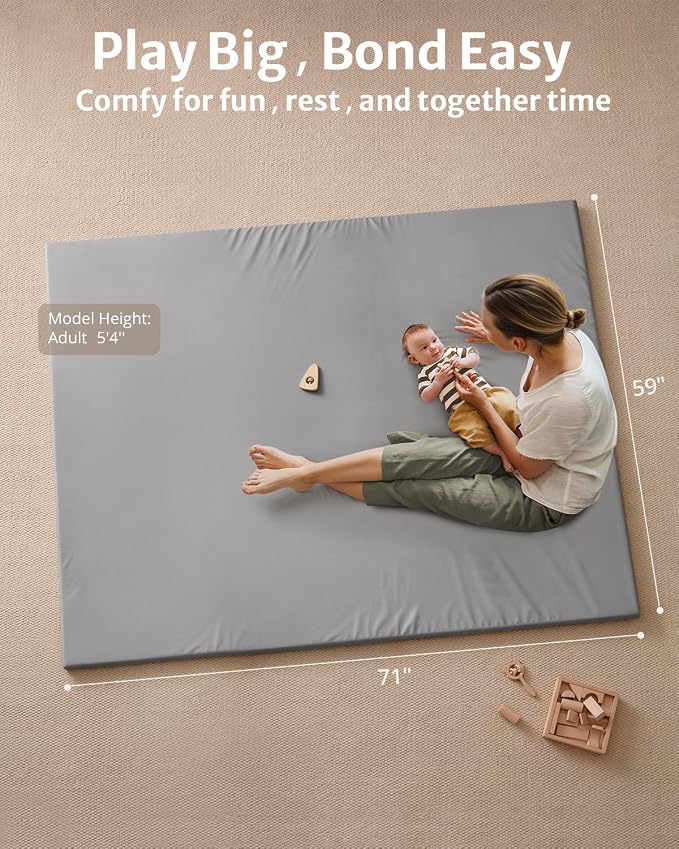 Blissful Diary Vegan Leather Baby Play Mat, 71''x59'', Light Gray | thick cushion, safe and soft fabric, waterproof and wip clean, indoor use, non-slip bottom, stylish mordern decor