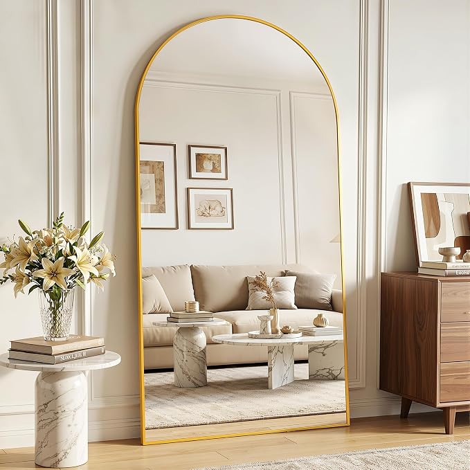 Full Length Mirror, 78"x38" Arched Floor Mirror Freestanding, Floor Standing Full Body Mirror with Stand for Bedroom, Hanging Mounted for Living Room Cloakroom, Gold