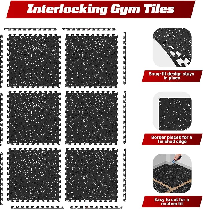 Interlocking Exercise Equipment Mats, 0.56" Thick 6 Tiles (24 Sq Ft) - Rubber Top Gym Flooring with High Density EVA Foam, Heavy Weight Workout Mats for Home GymFloor Protection,Black/White